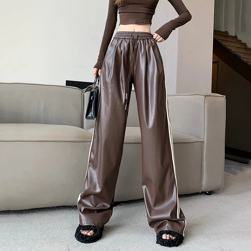 Y2k Drawstring PU Leather Pants Women American Retro Loose Slim Straight Trouser Korean Fashion High Waist Streetwear Bottoms