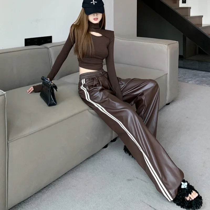 Y2k Drawstring PU Leather Pants Women American Retro Loose Slim Straight Trouser Korean Fashion High Waist Streetwear Bottoms