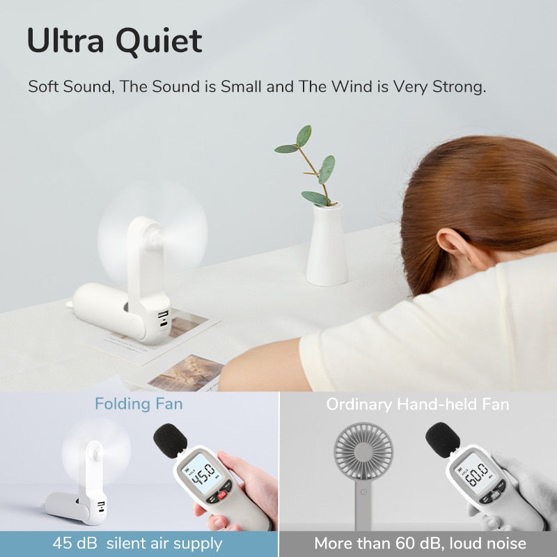 Portable Fan Mini Handheld Fan USB  Recharge Hand Held Small Pocket Fan with Power Bank Flashlight Feature