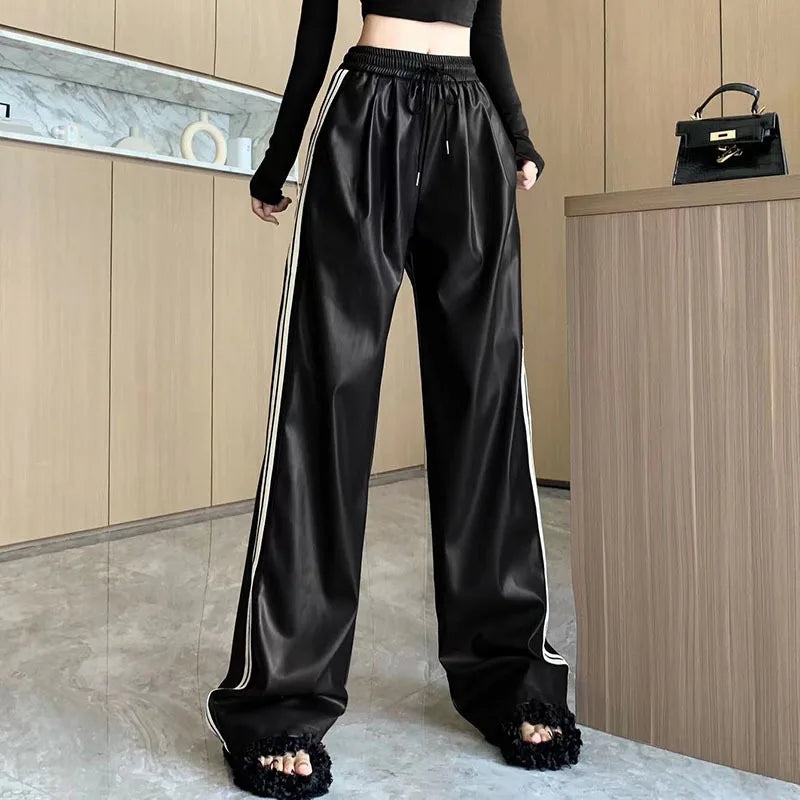 Y2k Drawstring PU Leather Pants Women American Retro Loose Slim Straight Trouser Korean Fashion High Waist Streetwear Bottoms